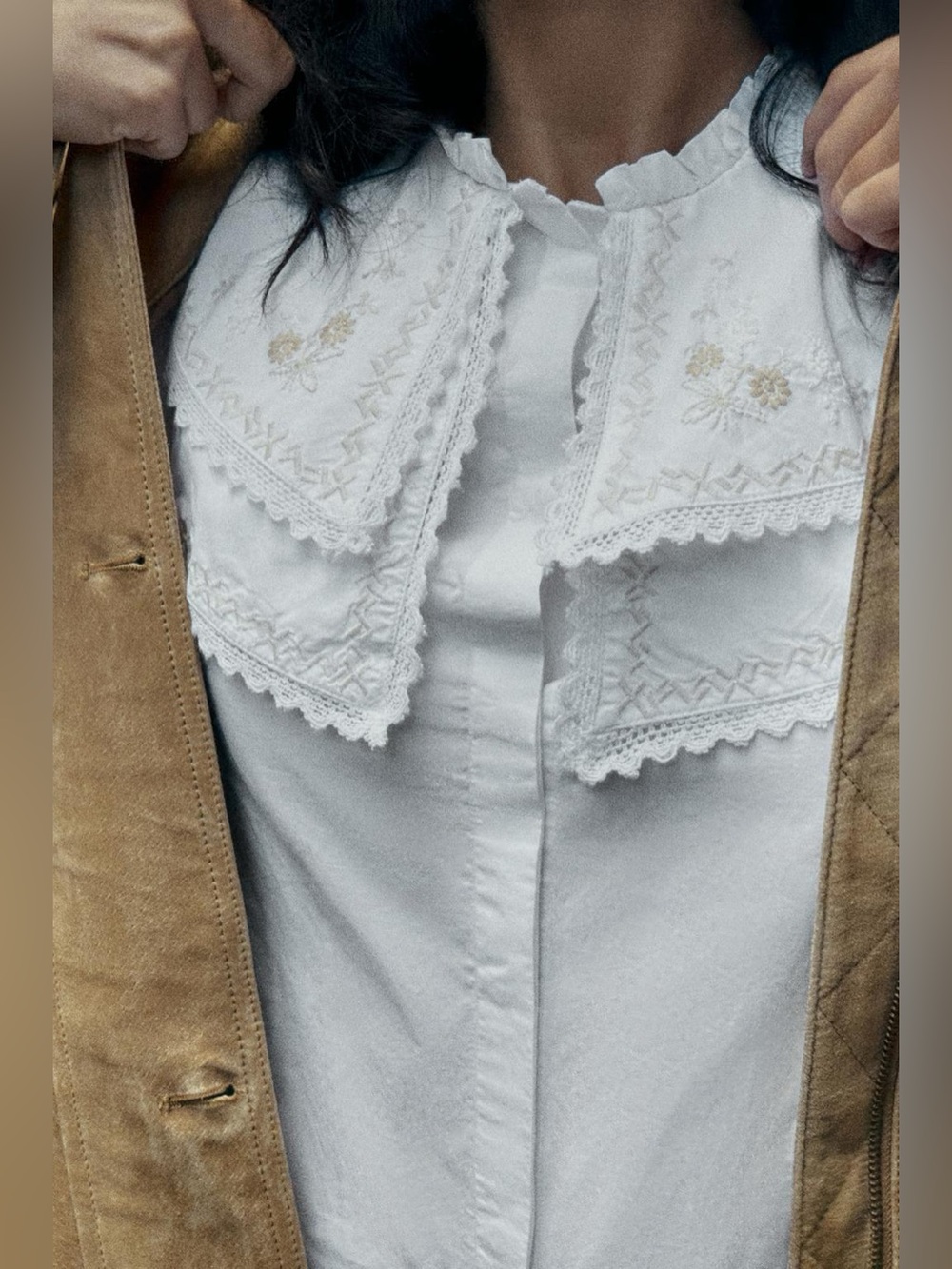 Zara Embroidered Double Peter-Pan Collar White Cotton Poplin Blouse NWT